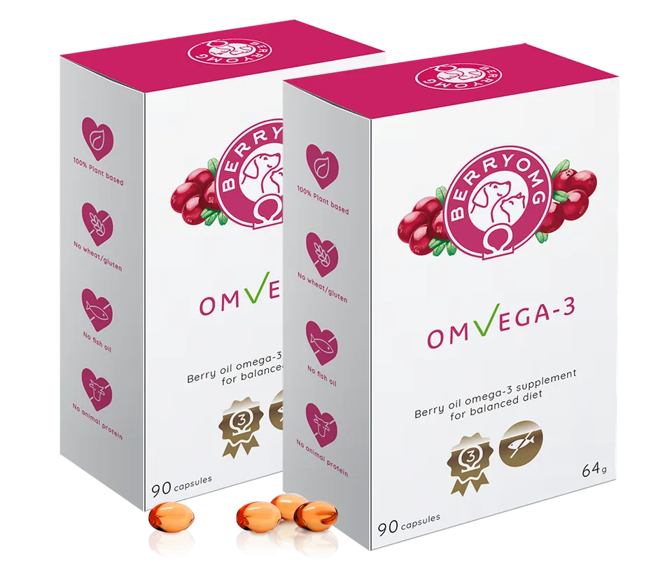 BERRYOMG OMvEGA-3 omega-3 tilskudd kapsler 2x90 fiskeoljefri