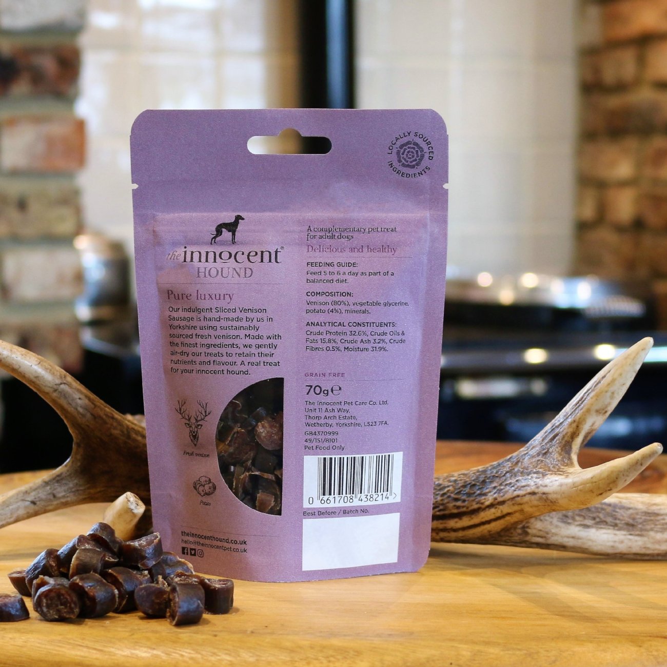 The Innocent Hound Sliced Venison Sausage hundegodbit 70g kornfri